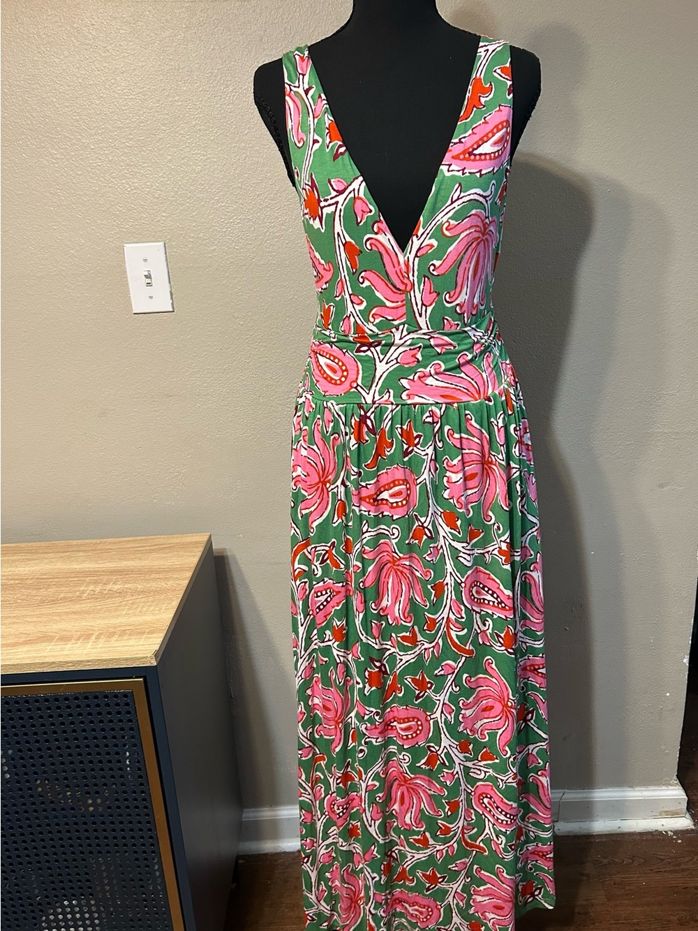 Boden Womens 6R Green Pink Floral Maxi Dress V Neck Sleeveless Stretch